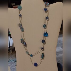 Vintage 90's Silver 30' Blue Murano Glass & Cabachon Necklace